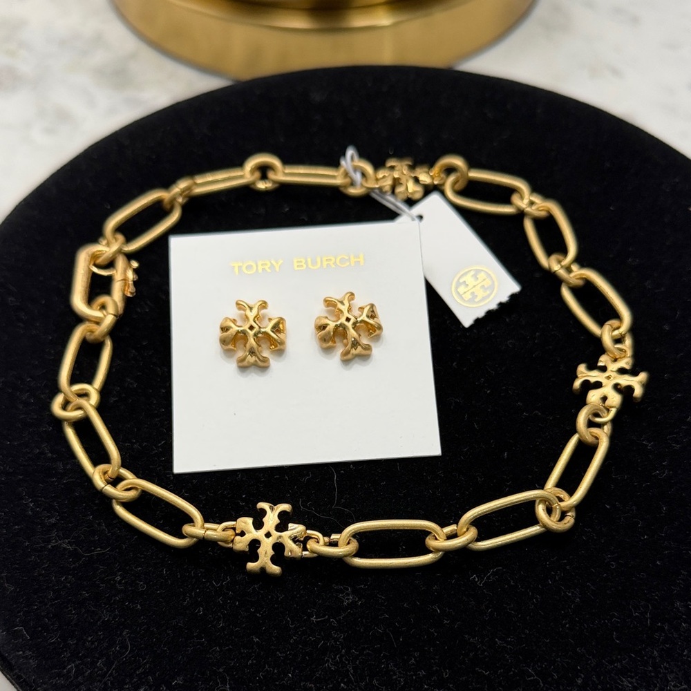 Tory Burch Gold Logo Link Necklace with Matching Logo Stud Earrings